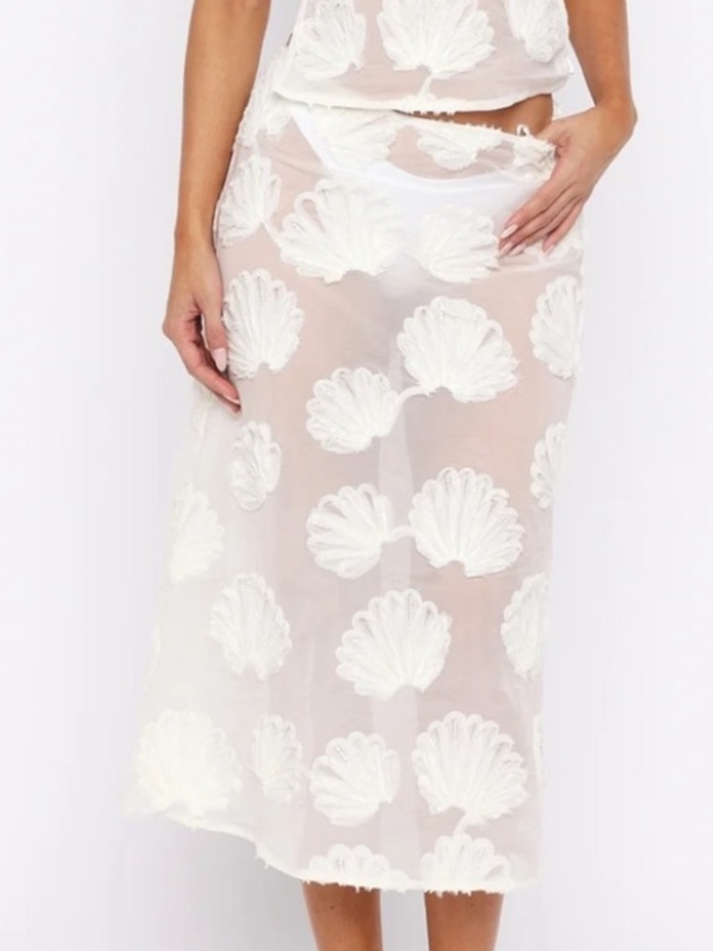 White Fox Sheer Midi Shell Skirt Sheer Cream White Medium - Picture 2 of 10